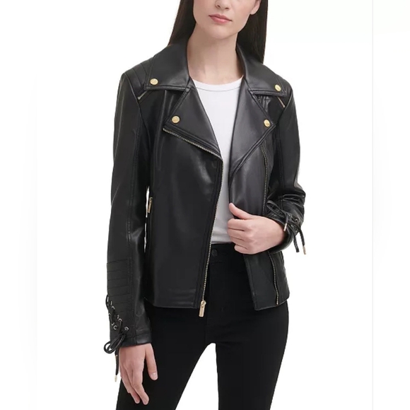 Guess Women's Black Faux Leather Moto Jacket with Gold Accents - Picture 2 of 9